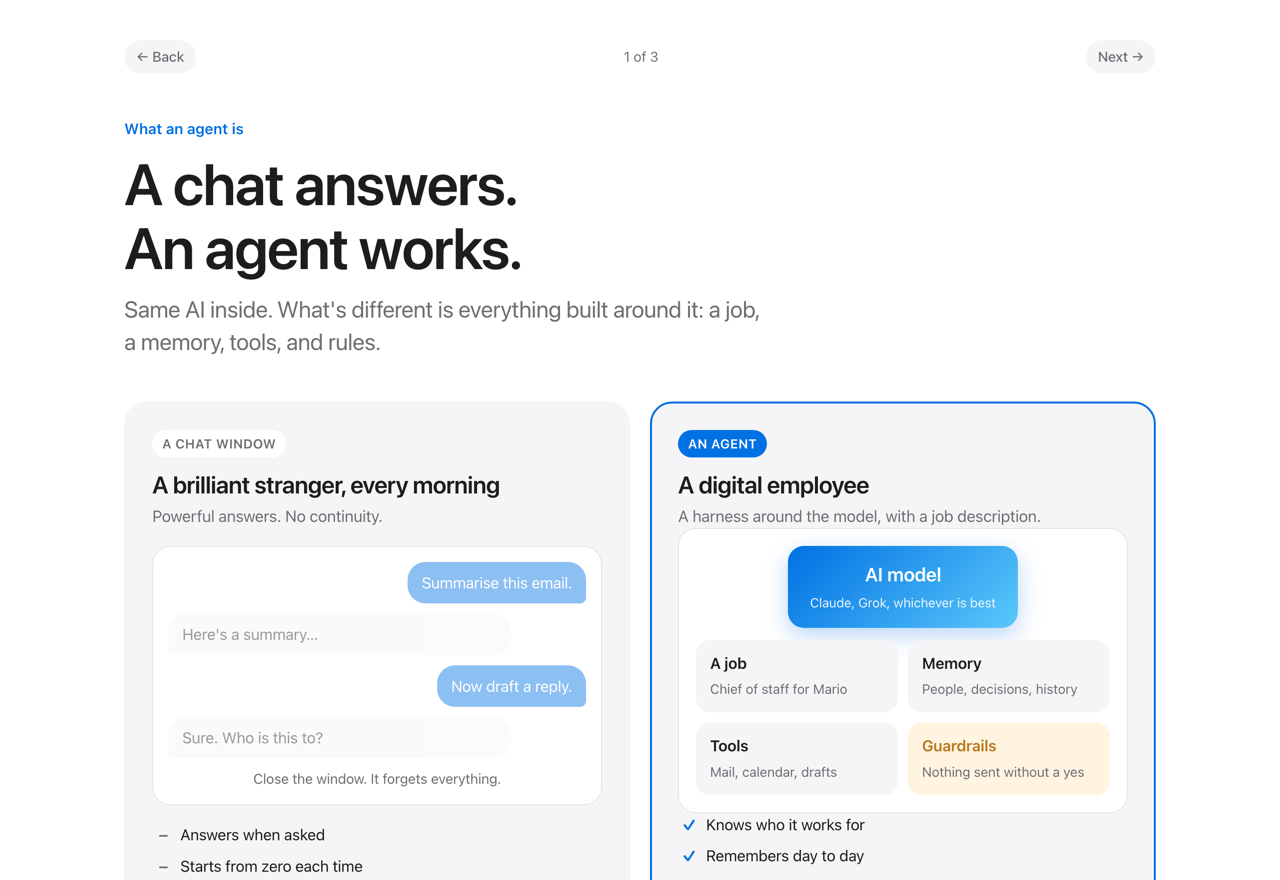 A chat answers. An agent works.
